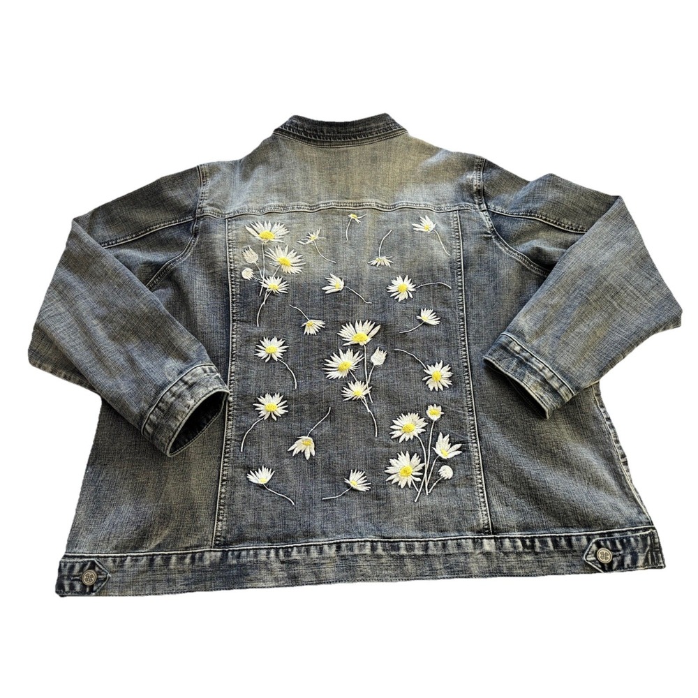 Laurie Felt Blue Denim Jean Jacket Daisy Floral Embroidery Womens Plus Size 2X